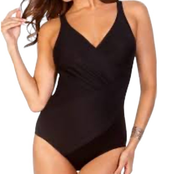 Miraclesuit Oceanus Black V-Neck Ruched Side Swimsuit Size 20w Euc #0871-Oak
